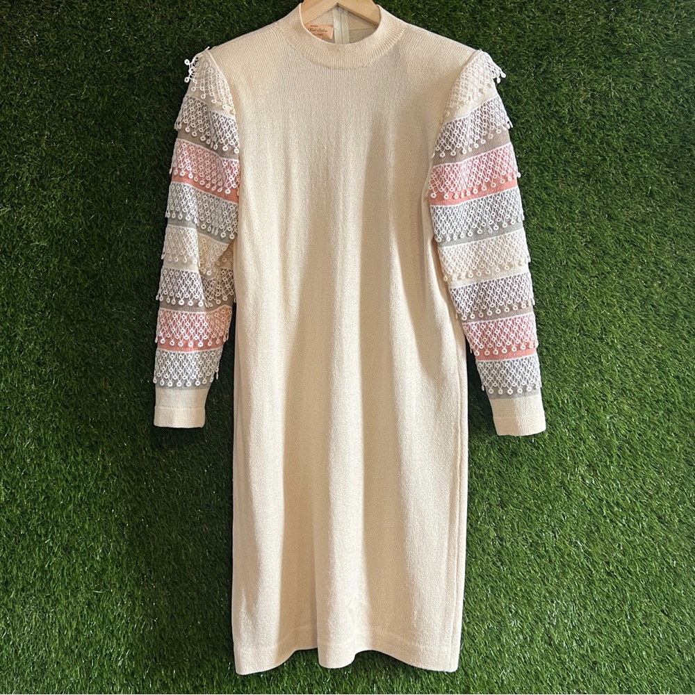 Unique Vintage Knit Dress Statement Sleeves Fringe Striped - Picture 2 of 8